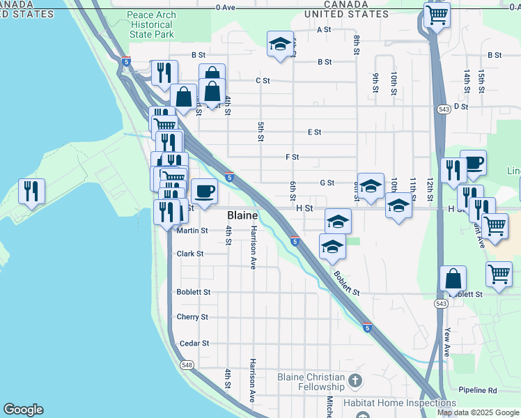 map of restaurants, bars, coffee shops, grocery stores, and more near 432 H Street in Blaine