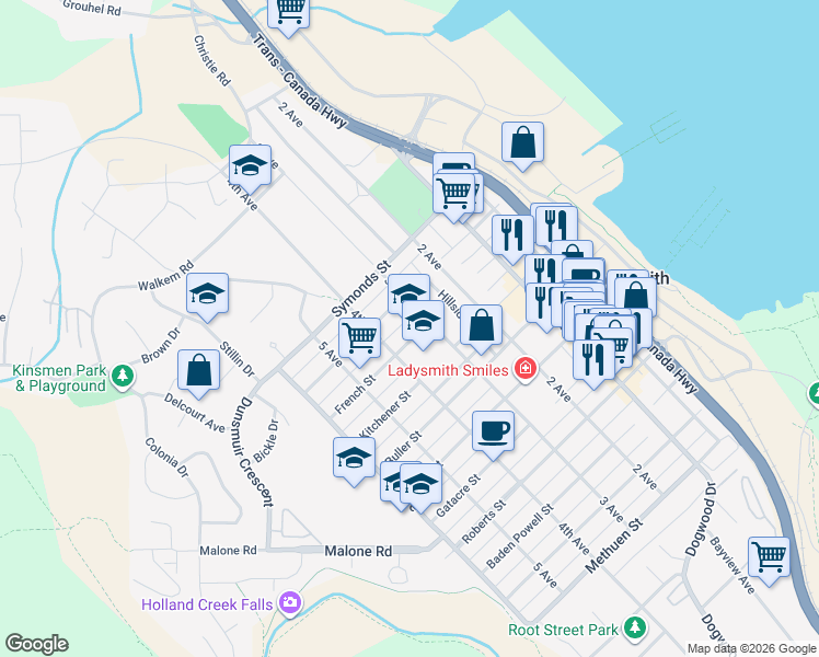 map of restaurants, bars, coffee shops, grocery stores, and more near 312 French Street in Ladysmith