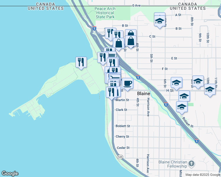 map of restaurants, bars, coffee shops, grocery stores, and more near 679 Peace Portal Drive in Blaine