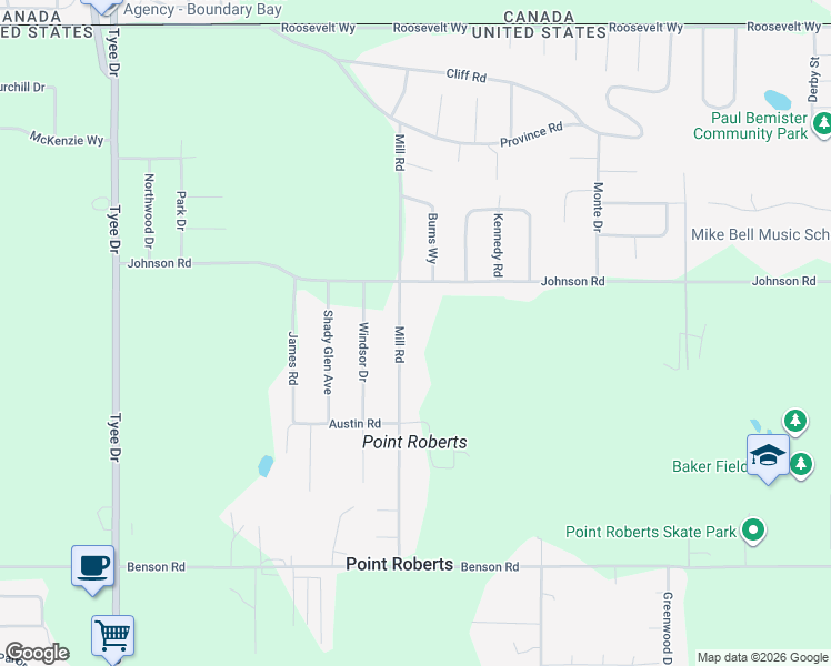 map of restaurants, bars, coffee shops, grocery stores, and more near 235 Mill Road in Point Roberts