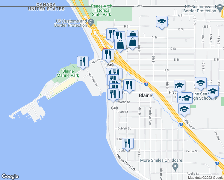 map of restaurants, bars, coffee shops, grocery stores, and more near 679 Peace Portal Drive in Blaine