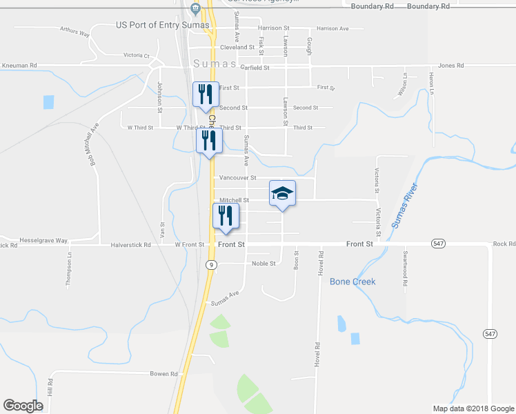 map of restaurants, bars, coffee shops, grocery stores, and more near 219 Mitchell Street in Sumas