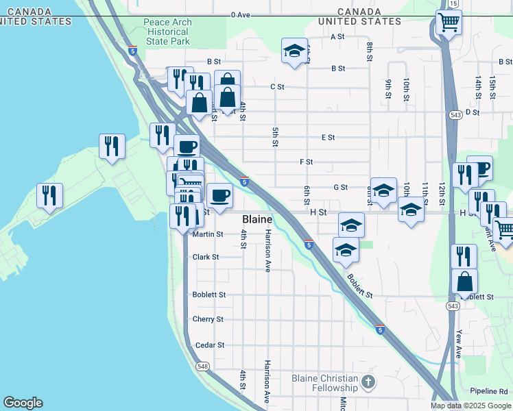 map of restaurants, bars, coffee shops, grocery stores, and more near 432 H Street in Blaine