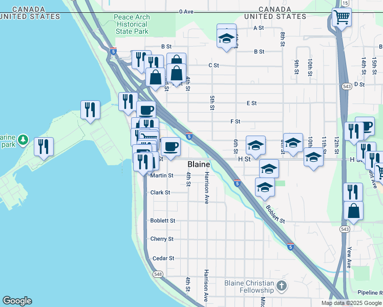 map of restaurants, bars, coffee shops, grocery stores, and more near 400 H Street in Blaine