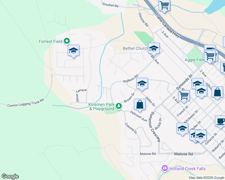 map of restaurants, bars, coffee shops, grocery stores, and more near 1153 Walkem Road in Ladysmith