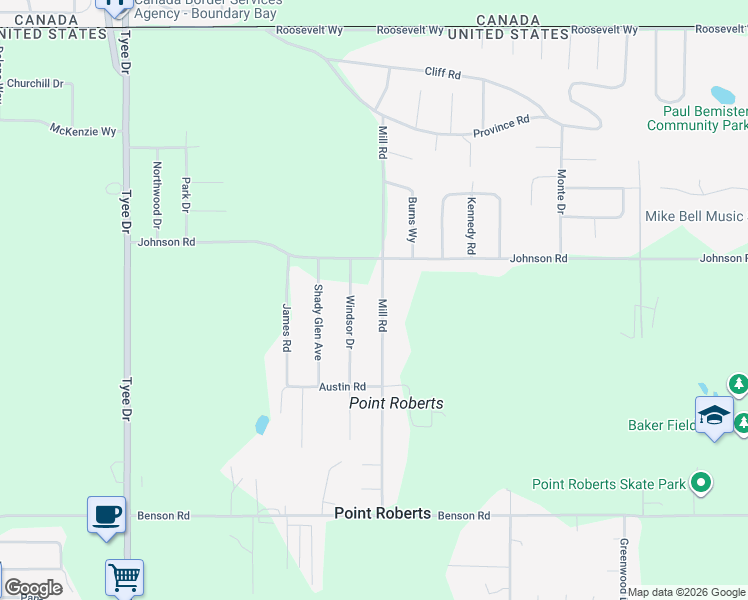 map of restaurants, bars, coffee shops, grocery stores, and more near 235 Mill Road in Point Roberts