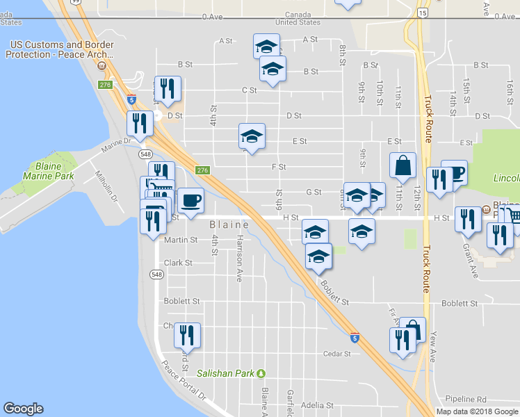 map of restaurants, bars, coffee shops, grocery stores, and more near 540 H Street in Blaine