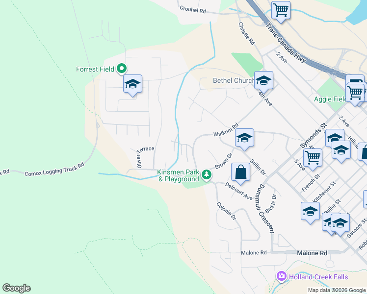 map of restaurants, bars, coffee shops, grocery stores, and more near 1150 Walkem Road in Ladysmith