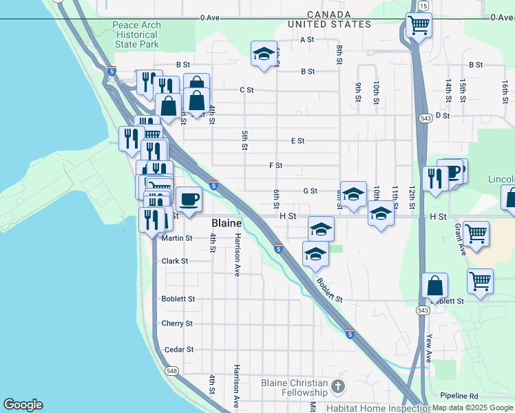 map of restaurants, bars, coffee shops, grocery stores, and more near 540 H Street in Blaine