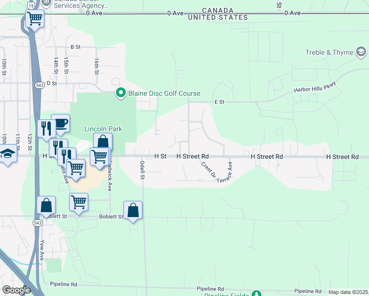 map of restaurants, bars, coffee shops, grocery stores, and more near 675 Allan Street in Blaine