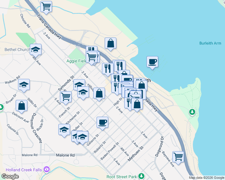 map of restaurants, bars, coffee shops, grocery stores, and more near 112 Buller Street in Ladysmith