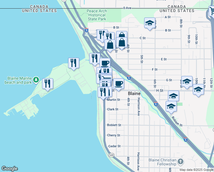 map of restaurants, bars, coffee shops, grocery stores, and more near 658 Peace Portal Drive in Blaine