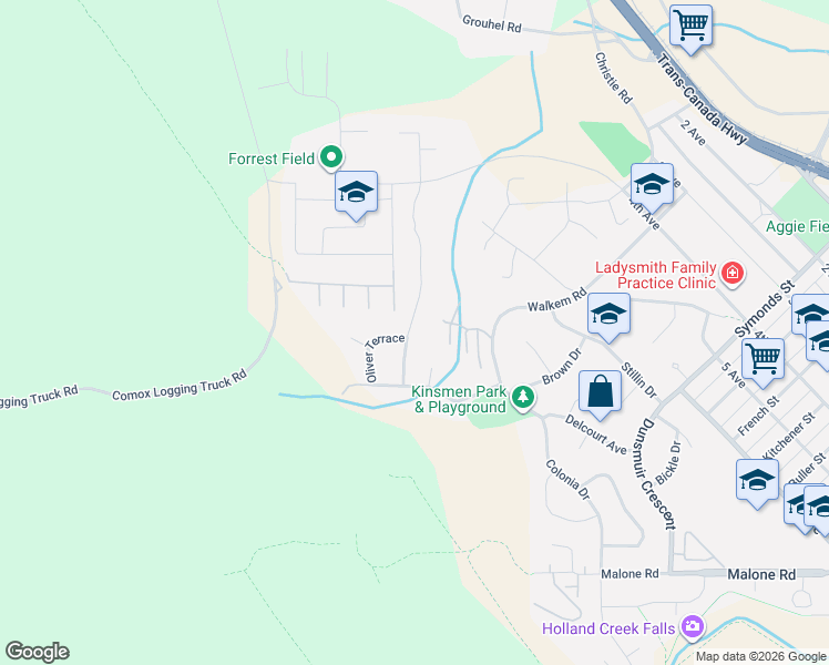 map of restaurants, bars, coffee shops, grocery stores, and more near 1241 McKinley Road in Ladysmith