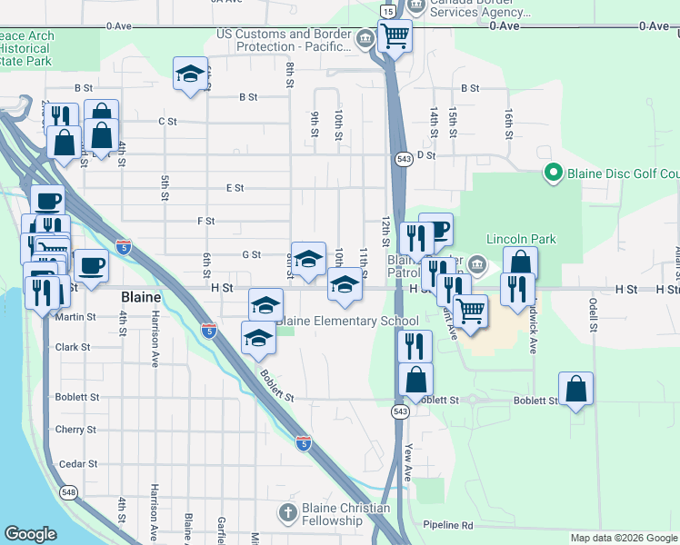map of restaurants, bars, coffee shops, grocery stores, and more near 662 10th Street in Blaine