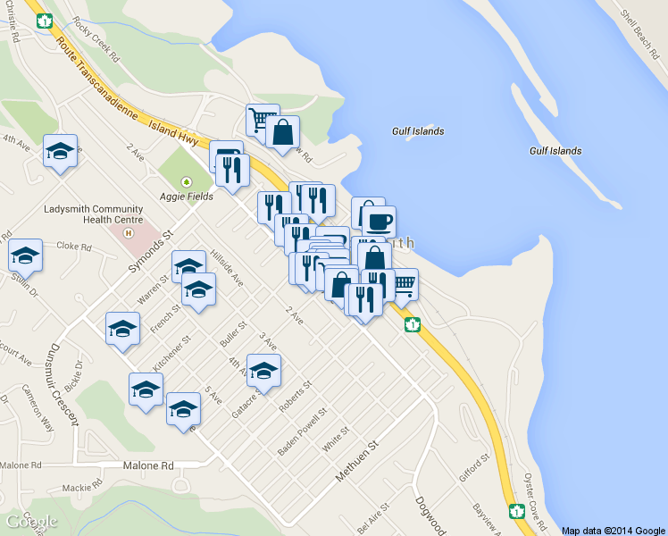 map of restaurants, bars, coffee shops, grocery stores, and more near 12 High Street in Ladysmith