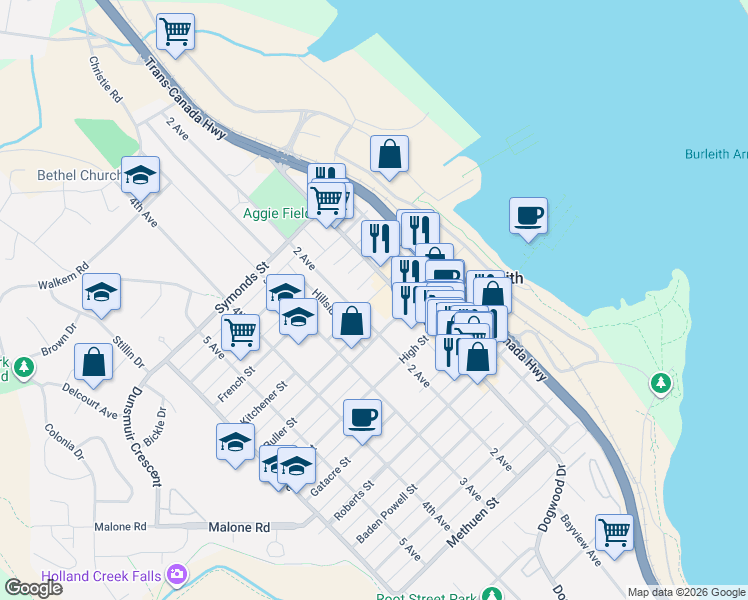 map of restaurants, bars, coffee shops, grocery stores, and more near 117 Kitchener Street in Ladysmith