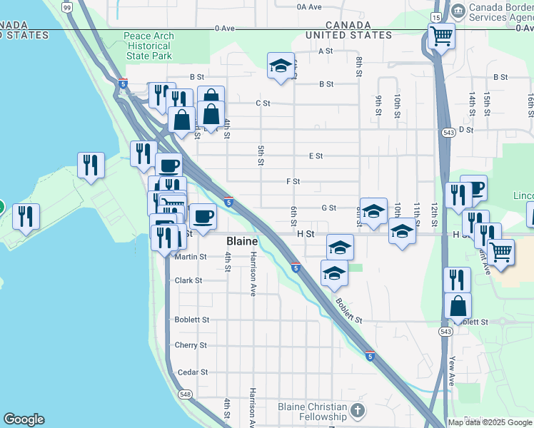 map of restaurants, bars, coffee shops, grocery stores, and more near 540 H Street in Blaine