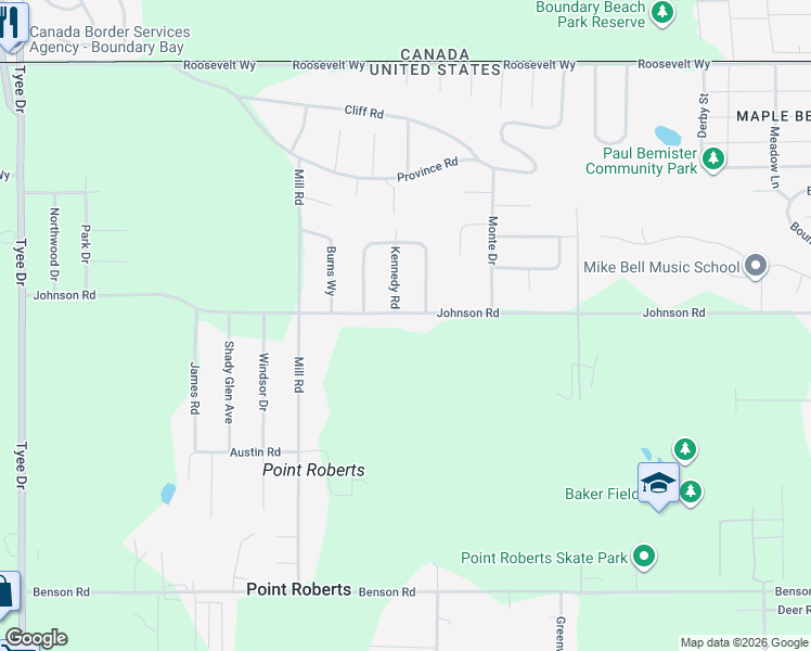 map of restaurants, bars, coffee shops, grocery stores, and more near 1871 Johnson Road in Point Roberts
