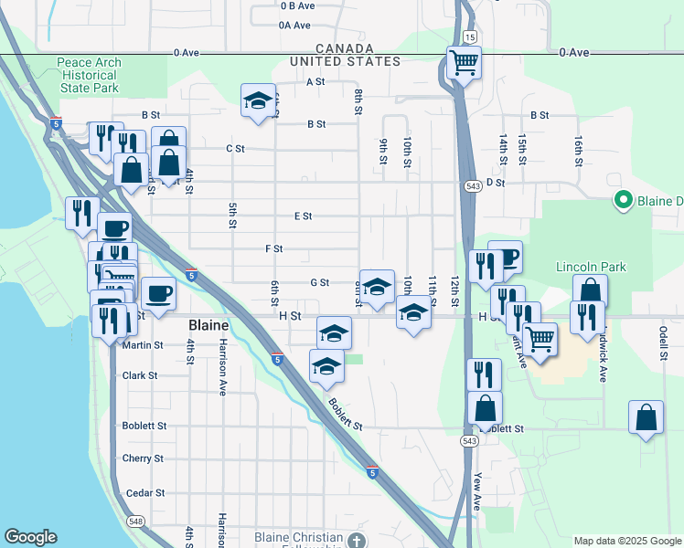 map of restaurants, bars, coffee shops, grocery stores, and more near 752 G Street in Blaine