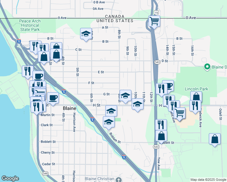 map of restaurants, bars, coffee shops, grocery stores, and more near 750 G Street in Blaine