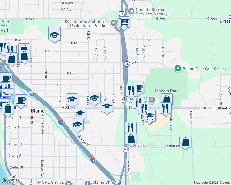 map of restaurants, bars, coffee shops, grocery stores, and more near 513 12th Street in Blaine