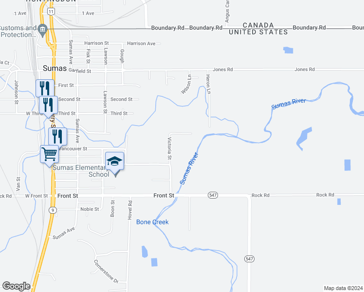 map of restaurants, bars, coffee shops, grocery stores, and more near 834 Victoria Street in Sumas