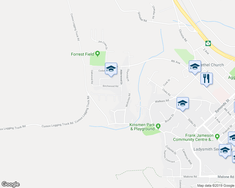 map of restaurants, bars, coffee shops, grocery stores, and more near 73 Alderwood Drive in Ladysmith