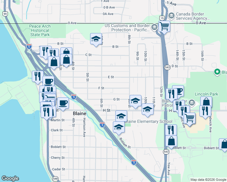 map of restaurants, bars, coffee shops, grocery stores, and more near 689 F Street in Blaine