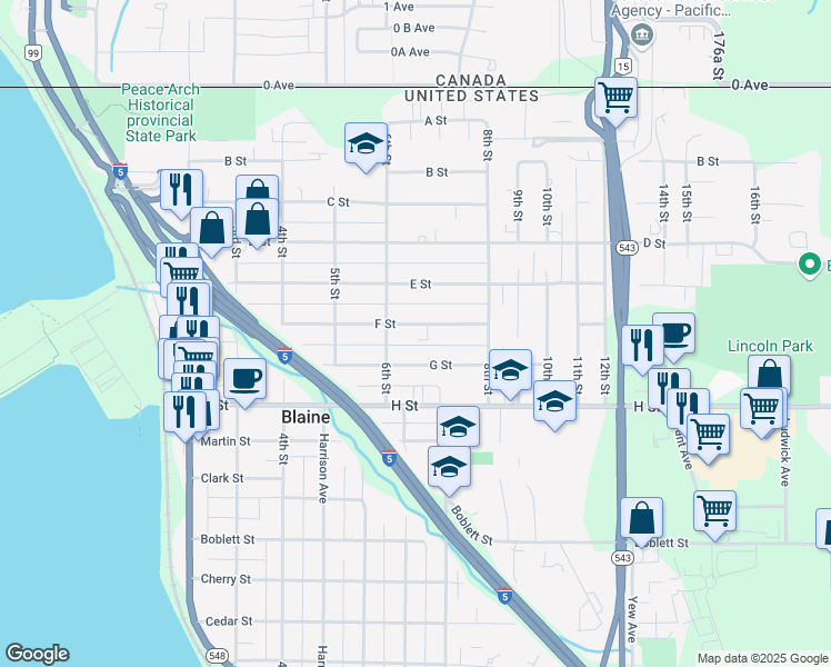 map of restaurants, bars, coffee shops, grocery stores, and more near 663 F Street in Blaine