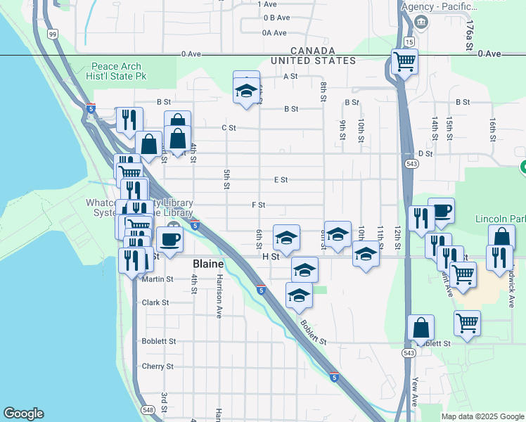 map of restaurants, bars, coffee shops, grocery stores, and more near 609 F Street in Blaine