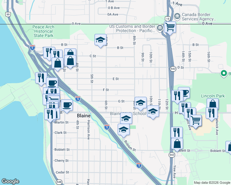 map of restaurants, bars, coffee shops, grocery stores, and more near 663 F Street in Blaine