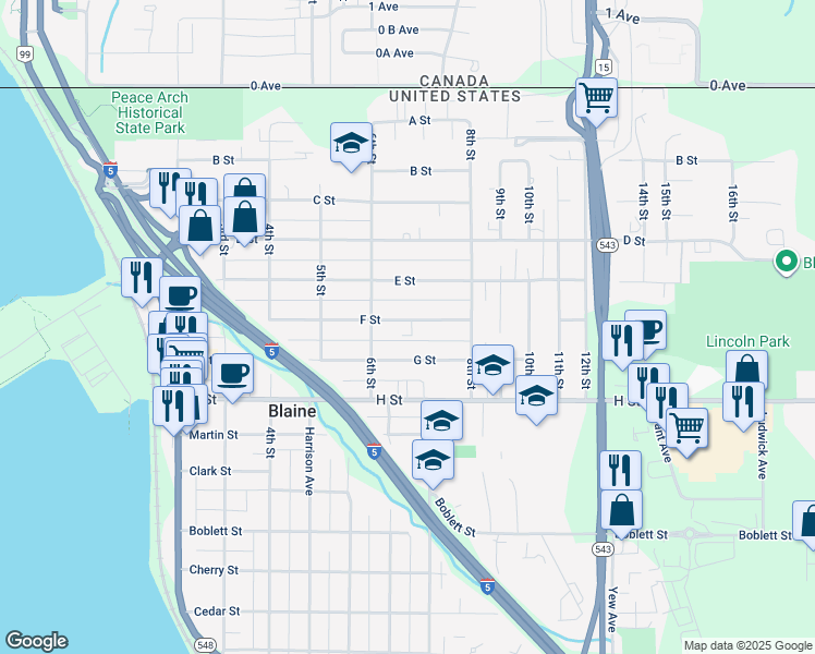 map of restaurants, bars, coffee shops, grocery stores, and more near 675 F Street in Blaine