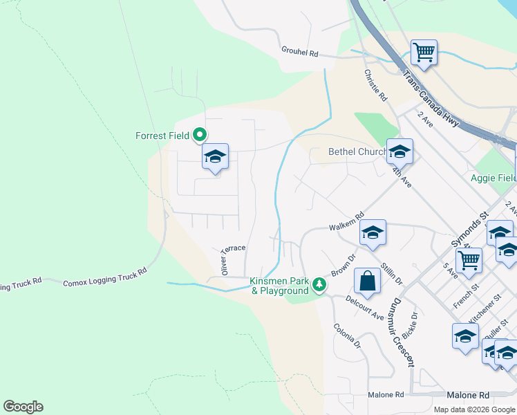 map of restaurants, bars, coffee shops, grocery stores, and more near 89 McKinley Road in Ladysmith