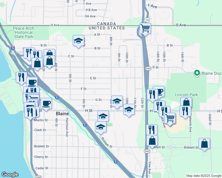 map of restaurants, bars, coffee shops, grocery stores, and more near 435 8th Street in Blaine