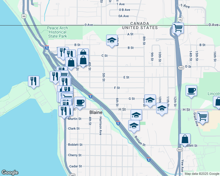 map of restaurants, bars, coffee shops, grocery stores, and more near 535 F Street in Blaine