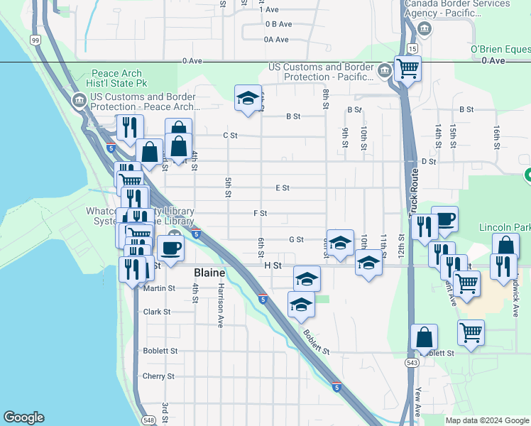 map of restaurants, bars, coffee shops, grocery stores, and more near 609 F Street in Blaine
