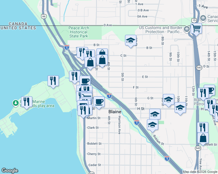 map of restaurants, bars, coffee shops, grocery stores, and more near 501 4th Street in Blaine