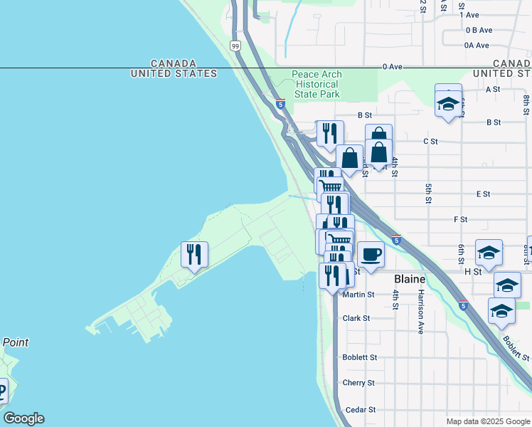 map of restaurants, bars, coffee shops, grocery stores, and more near 204 Marine Drive in Blaine