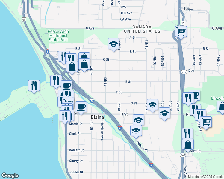 map of restaurants, bars, coffee shops, grocery stores, and more near 550 F Street in Blaine