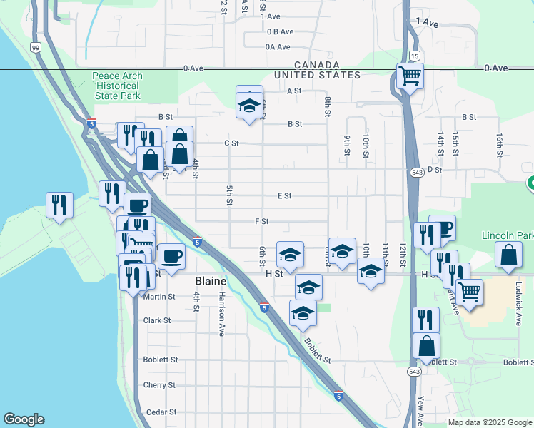 map of restaurants, bars, coffee shops, grocery stores, and more near 470 6th Street in Blaine