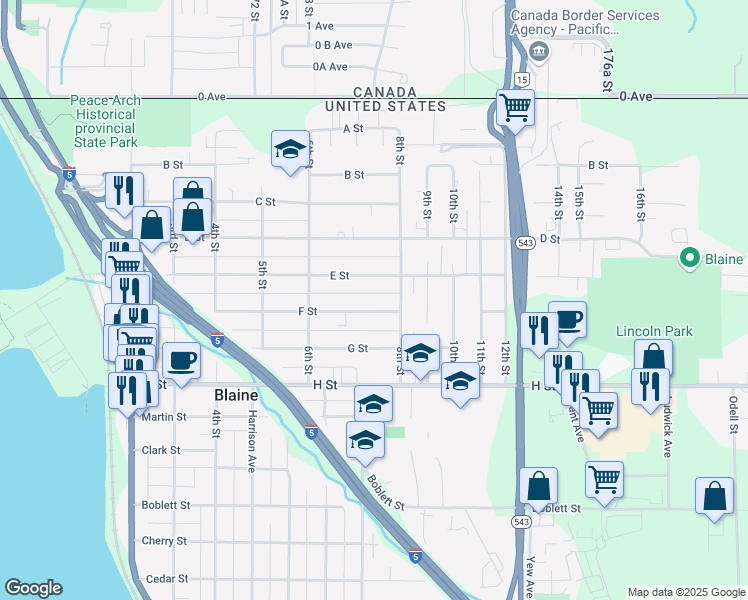 map of restaurants, bars, coffee shops, grocery stores, and more near 763 F Street in Blaine