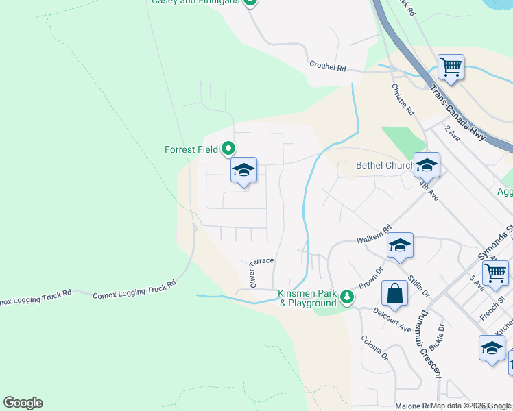 map of restaurants, bars, coffee shops, grocery stores, and more near 73 Alderwood Drive in Ladysmith