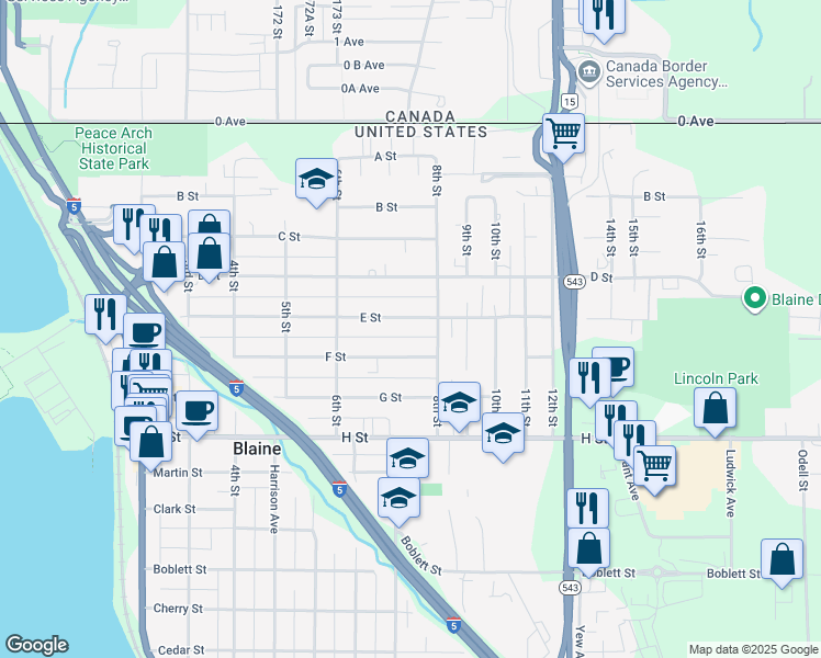 map of restaurants, bars, coffee shops, grocery stores, and more near 365 8th Street in Blaine