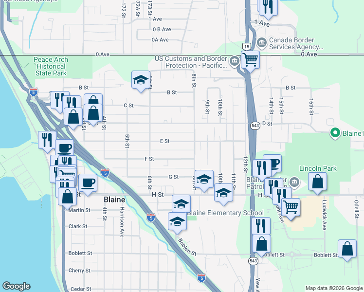 map of restaurants, bars, coffee shops, grocery stores, and more near 717 E Street in Blaine