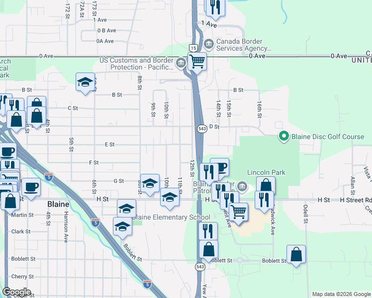 map of restaurants, bars, coffee shops, grocery stores, and more near 351 12th Street in Blaine