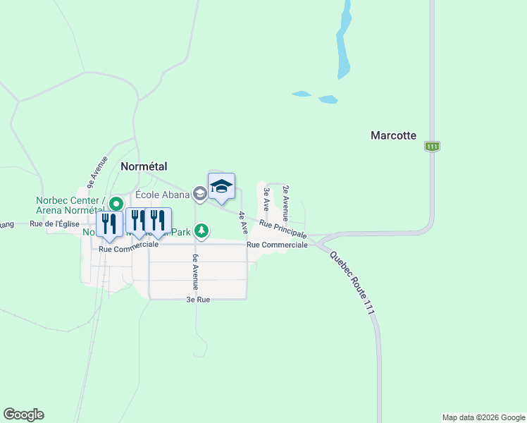 map of restaurants, bars, coffee shops, grocery stores, and more near 42 3e Avenue in Normétal
