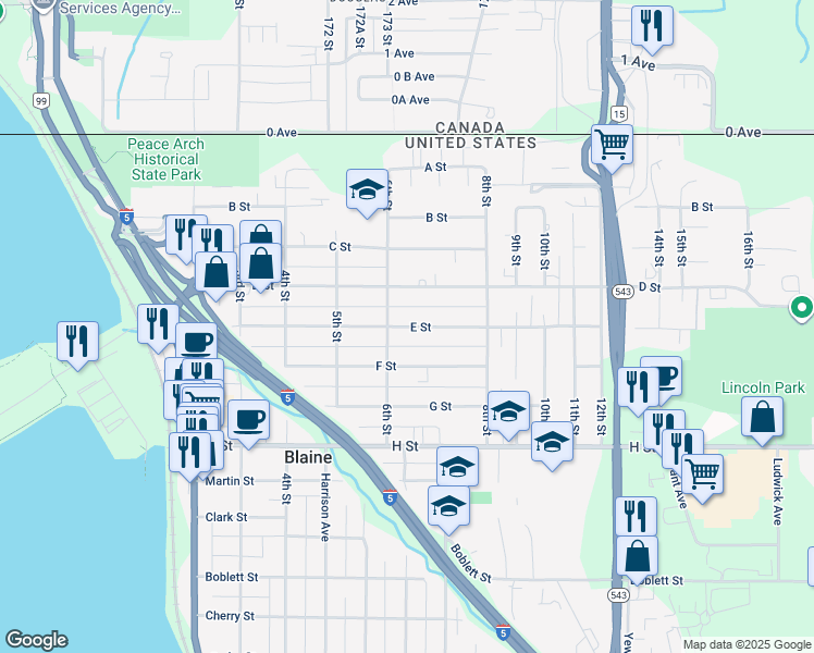 map of restaurants, bars, coffee shops, grocery stores, and more near 612 E Street in Blaine
