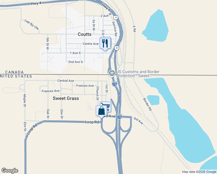 map of restaurants, bars, coffee shops, grocery stores, and more near 101 Central Avenue in Sweet Grass