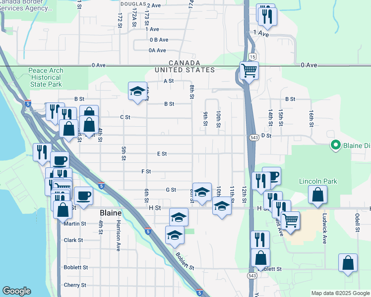 map of restaurants, bars, coffee shops, grocery stores, and more near 732 E Street in Blaine