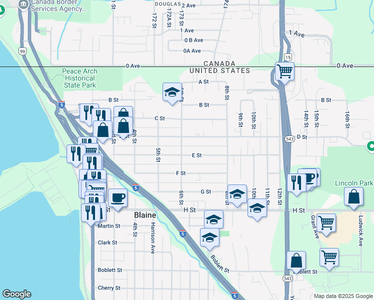 map of restaurants, bars, coffee shops, grocery stores, and more near 612 E Street in Blaine